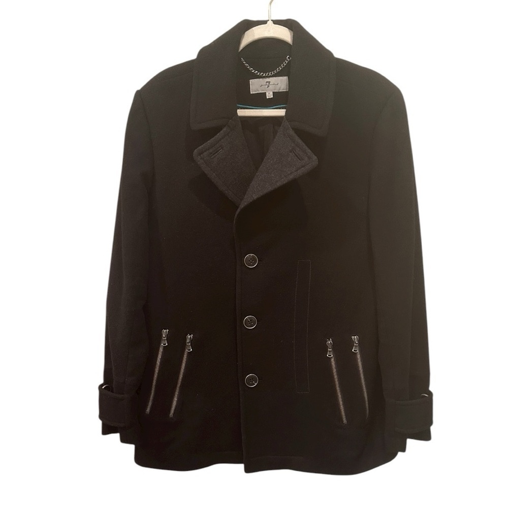 7 For All Mankind Men’s Black Peacoat Wool Large Zippers Old Money Sz M